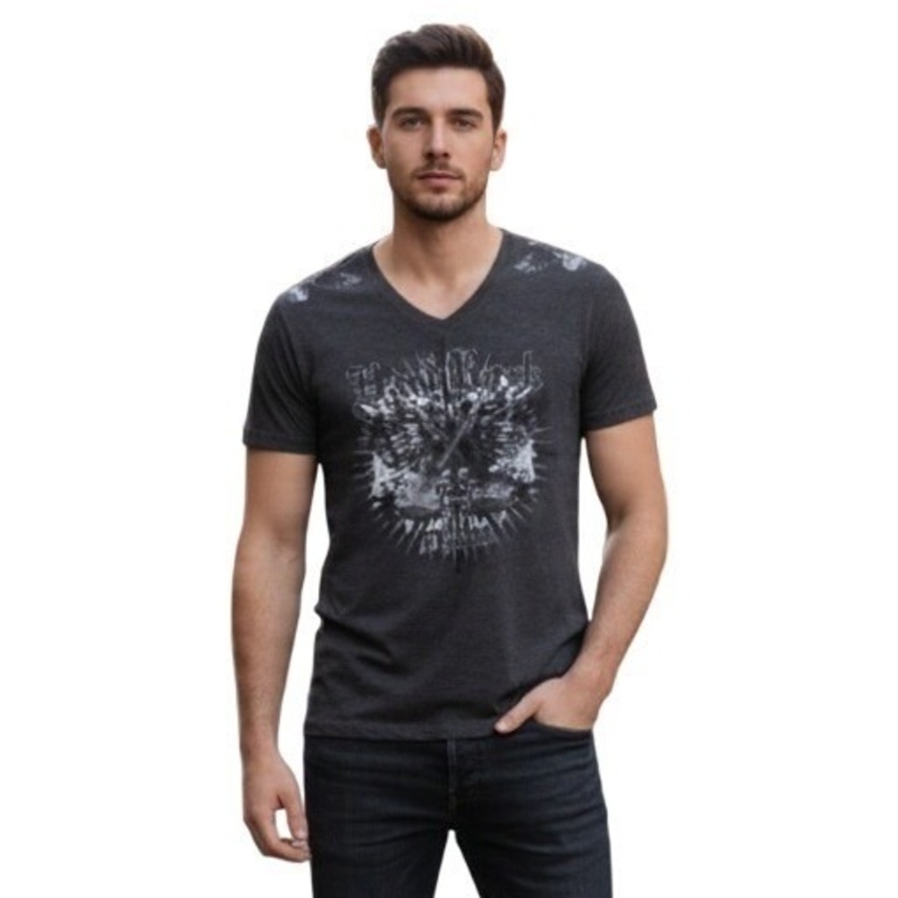 Hard Rock Cafe Tee Mens Small Gray‎ VNeck Detroit Wings Guitar Vintage Music